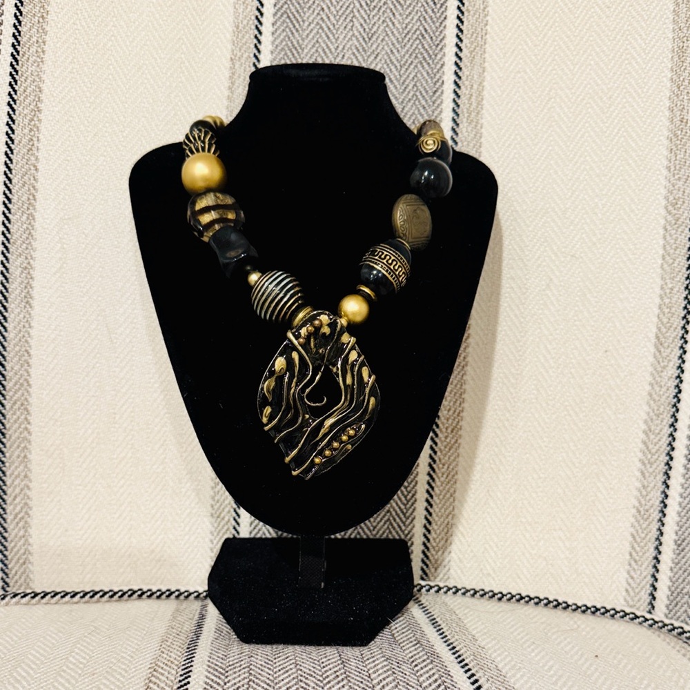 Elegant Black and Gold Statement Necklace & Earring Set